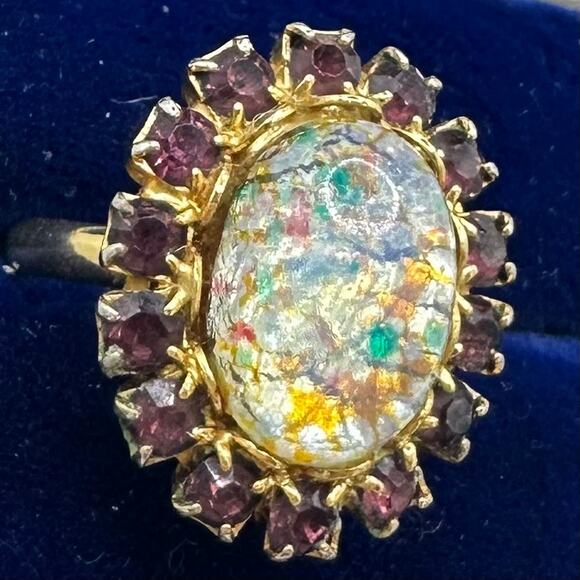 Vintage 1950s gold tone art glass cabochon rhinestones adjustable cocktail ring - Picture 3 of 8